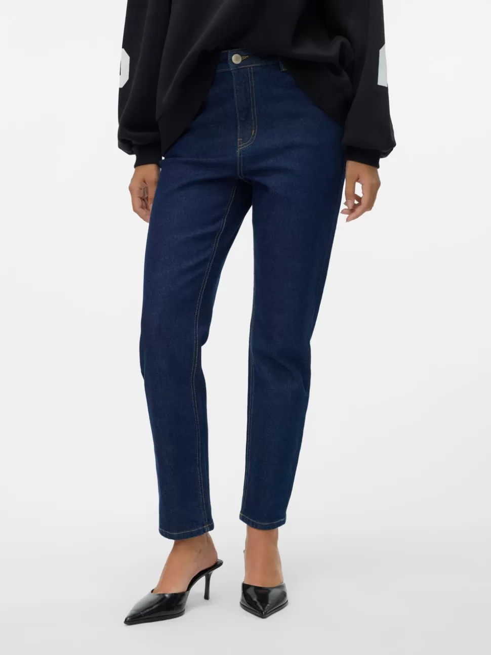 Jeans^VERO MODA VMBRENDA Hög Midja Rak Passform Jeans Dark Blue Denim