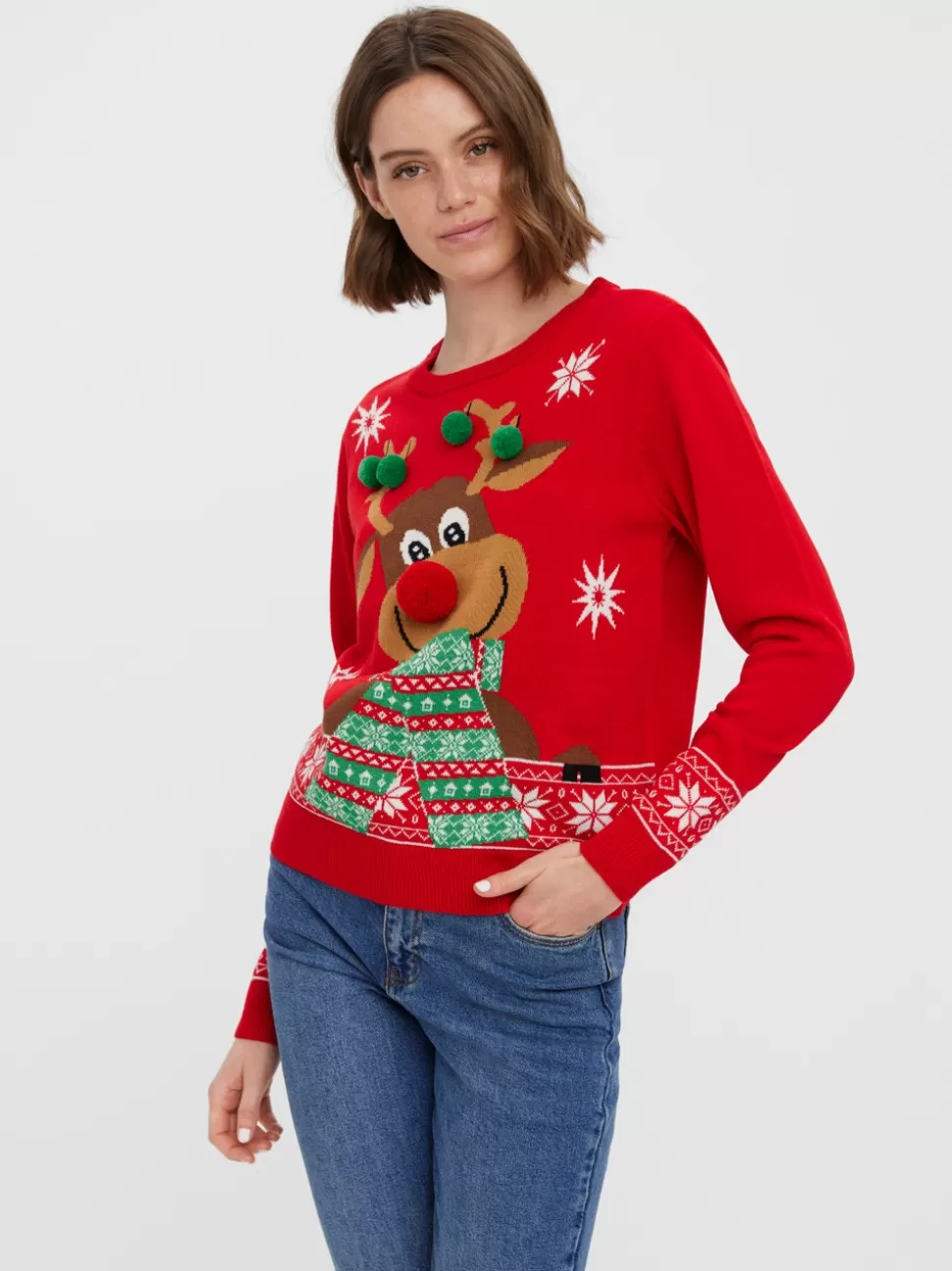 Stickat^VERO MODA VMNEWFROSTYDEER Pullover Chinese Red