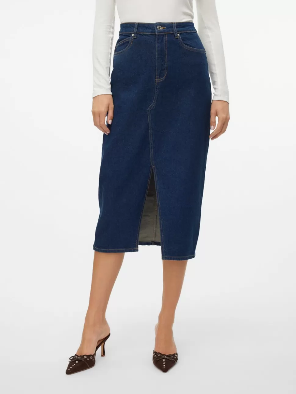 Kjolar^VERO MODA VMVERI Hög Midja Midikjol Dark Blue Denim